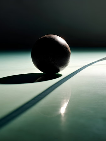 Black sphere on a green table with shadow and light in the backgroundの素材