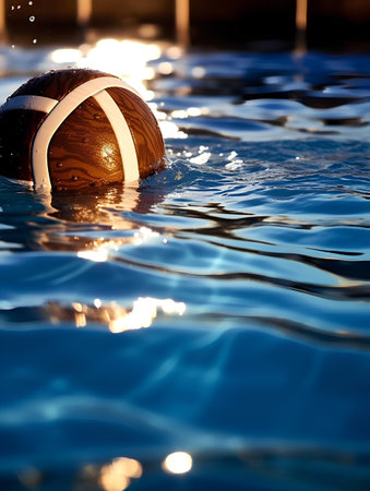 Wooden ball in the swimming pool at sunset, close-upの素材