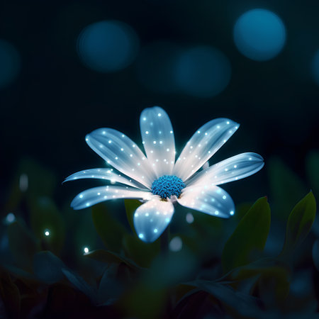 Flower with blue lights and bokeh effect on dark backgroundの素材