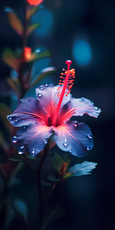 Hibiscus flower with dew drops on dark background.の素材