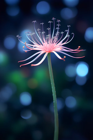 Beautiful pink flower on blue bokeh background, close upの素材