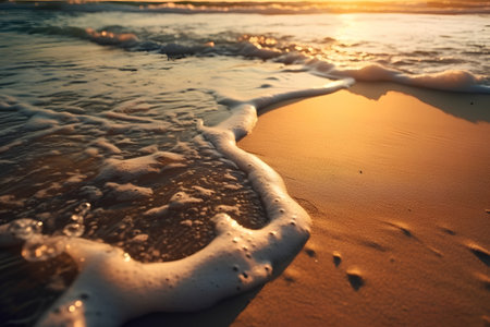 Soft wave of the sea on the sandy beach at sunset time.の素材