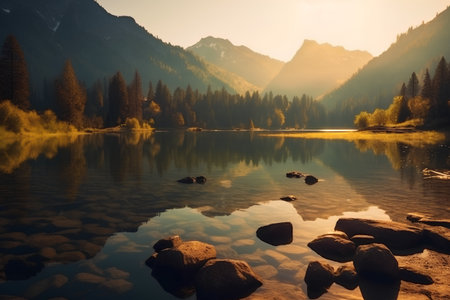 Mountain lake in the Alps at sunset, Bavaria, Germanyの素材