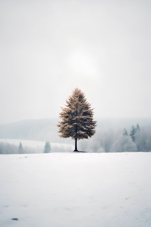 Lonely tree in the snow. Winter landscape. Retro styleの素材