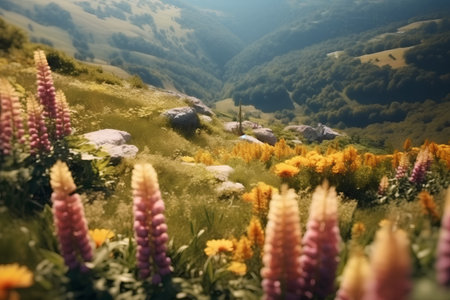 Landscape with lupine flowers in the mountains, retro styleの素材