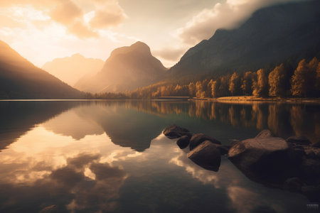 Mountain lake in the Alps at sunrise. Dolomites, Italyの素材