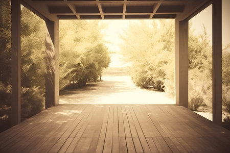 wooden corridor in the park with trees in the background, vintageの素材