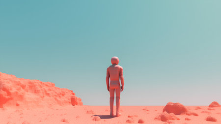 Man standing in the desert. 3D illustration. Space for text.の素材