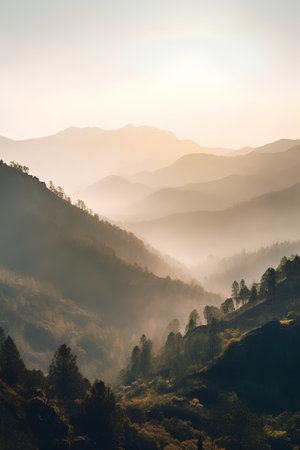 Foggy mountain landscape at sunrise. Colorful autumn scenery.の素材