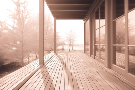 Wooden terrace with view of the lake. Toned.の素材