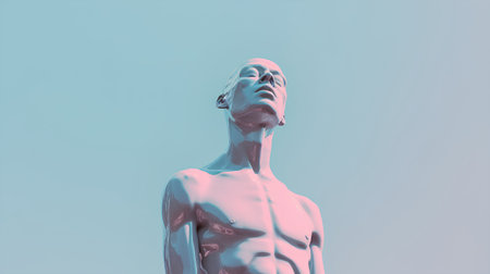 Futuristic 3D rendering of a female cyborg isolated on blue backgroundの素材