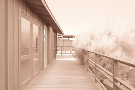 Wooden terrace with view on the lake. Toned.の素材