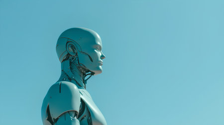 3d rendering of a female robot on a blue background with copy spaceの素材