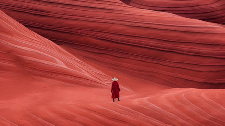 Woman in red dress walking in the desert. 3D rendering.の素材