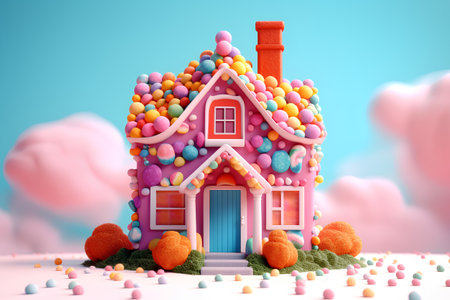 3d render of sweet house with colorful eggs inside on pink backgroundの素材