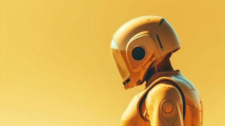 3d rendering robot or cyborg with helmet isolated on yellow backgroundの素材
