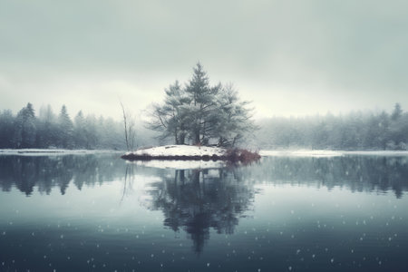 Winter landscape with snow covered trees and lake under falling snowflakesの素材