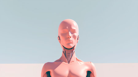 3d rendering of a female robot on a blue background with copy spaceの素材