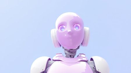 Robot listening to music. 3d illustration. Isolated on blue background.の素材