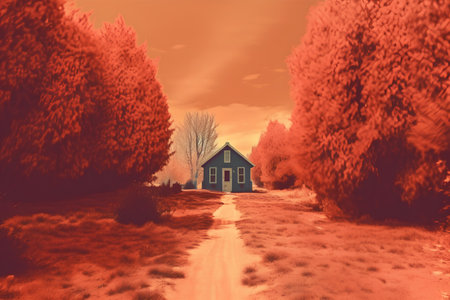 Autumn landscape with old house in the woods. 3d renderの素材