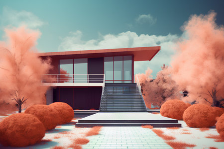 Modern house on the background of the autumn landscape. 3d renderingの素材