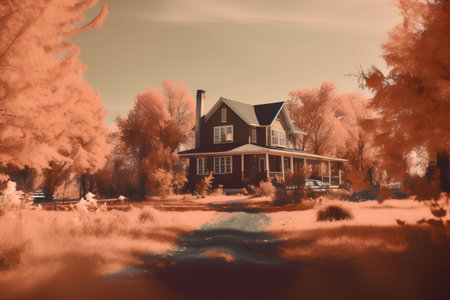 Old house on a background of the autumn landscape. Vintage style.の素材