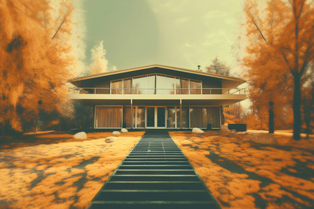 Modern cozy house with garage and pool in autumn. 3d renderingの素材