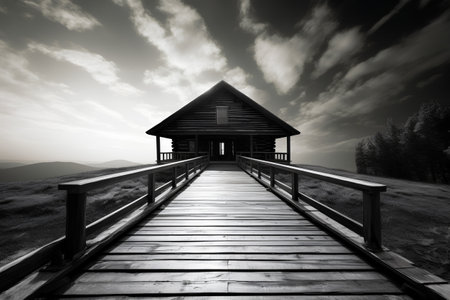 Wooden bridge in the mountains with clouds in the sky, 3d renderの素材