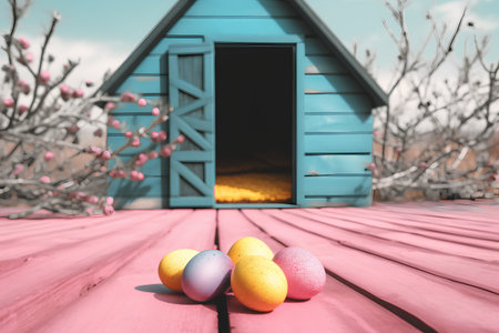 Easter eggs in front of a blue wooden doghouse on a pink wooden floorの素材