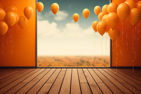 Wooden floor with orange balloons and autumn landscape. 3D Renderingの素材