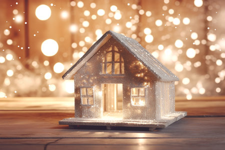 Christmas toy house on wooden background with bokeh lights and snowflakesの素材