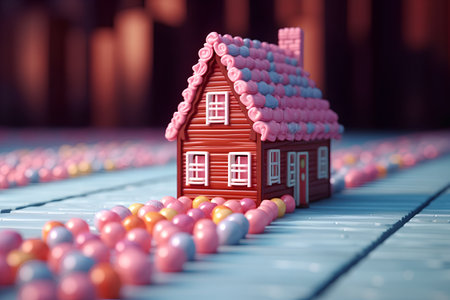 3d rendering of a toy house with a lot of candiesの素材