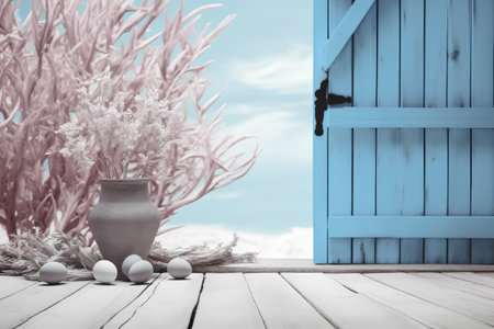 Easter eggs in a clay vase on a wooden floor and a blue doorの素材