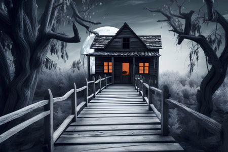 Halloween scene with old wooden house in the forest. 3D renderingの素材