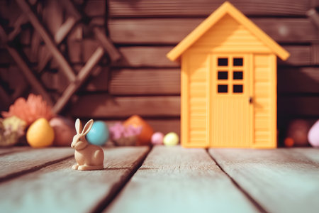 Easter bunny with colorful eggs on rustic wooden background. Happy Easter concept.の素材