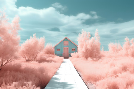 Wooden house in the meadow. 3D illustration. Nature background.の素材