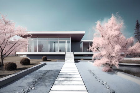 3d rendering of modern cozy house with pool and parking for sale or rent in luxurious style.の素材
