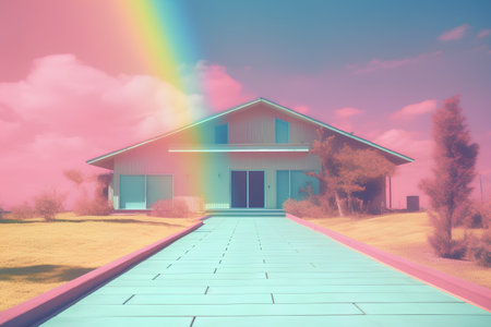 House with rainbow in the sky. 3D render. Conceptual image.の素材