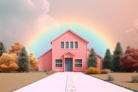 3D rendering of a pink house with a rainbow in the backgroundの素材