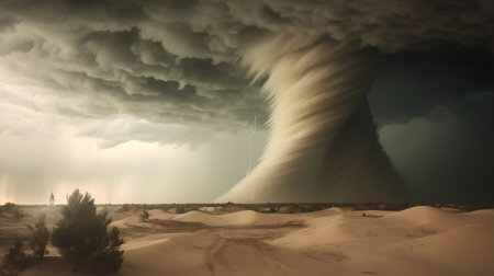 Dangerous tornado in a desert, 3d render illustration.の素材
