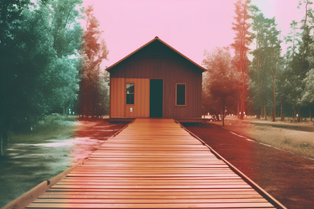 Wooden cottage in the forest. 3d rendering. Computer digital drawing.の素材