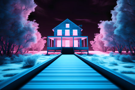 Illustration of a wooden pier leading to a beautiful house in the woodsの素材