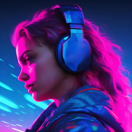 3d rendering of a beautiful young woman with headphones listening to musicの素材