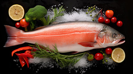 Fresh salmon fish with vegetables on black background. Top view, flat layの素材