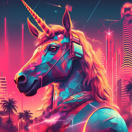 Unicorn head on the background of the night city. Vector illustration.の素材