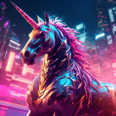 Unicorn and city background. 3D rendering. Neon lights.の素材