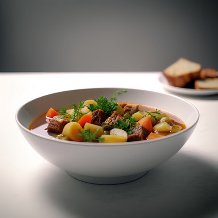 Beef stew with vegetables in white bowl on white marble table.の素材