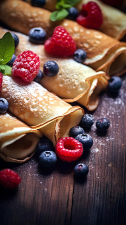 Pancakes with fresh berries on wooden background. Toned.の素材
