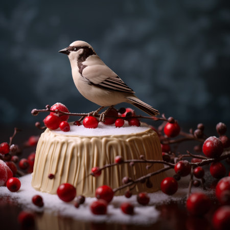 Christmas cake with bird on a dark background with snow and red berriesの素材