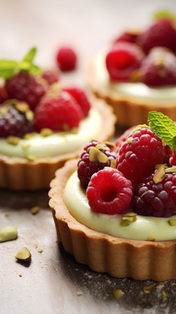Delicious tartlets with raspberries and pistachios, closeupの素材